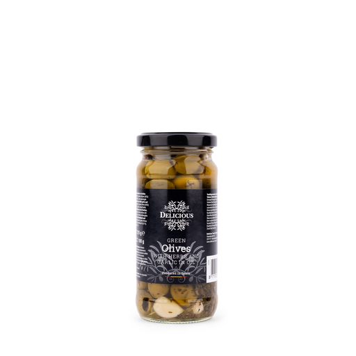 [7048] Delicious Food and Gourmet - Groene Olijven met Knoflook & Kruiden 215 g